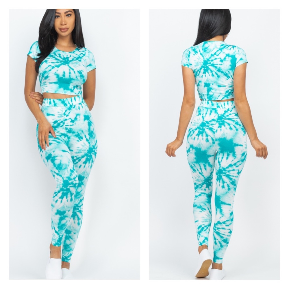Aqua Tie Dye Crop Top Leggings Set - Picture 1 of 3